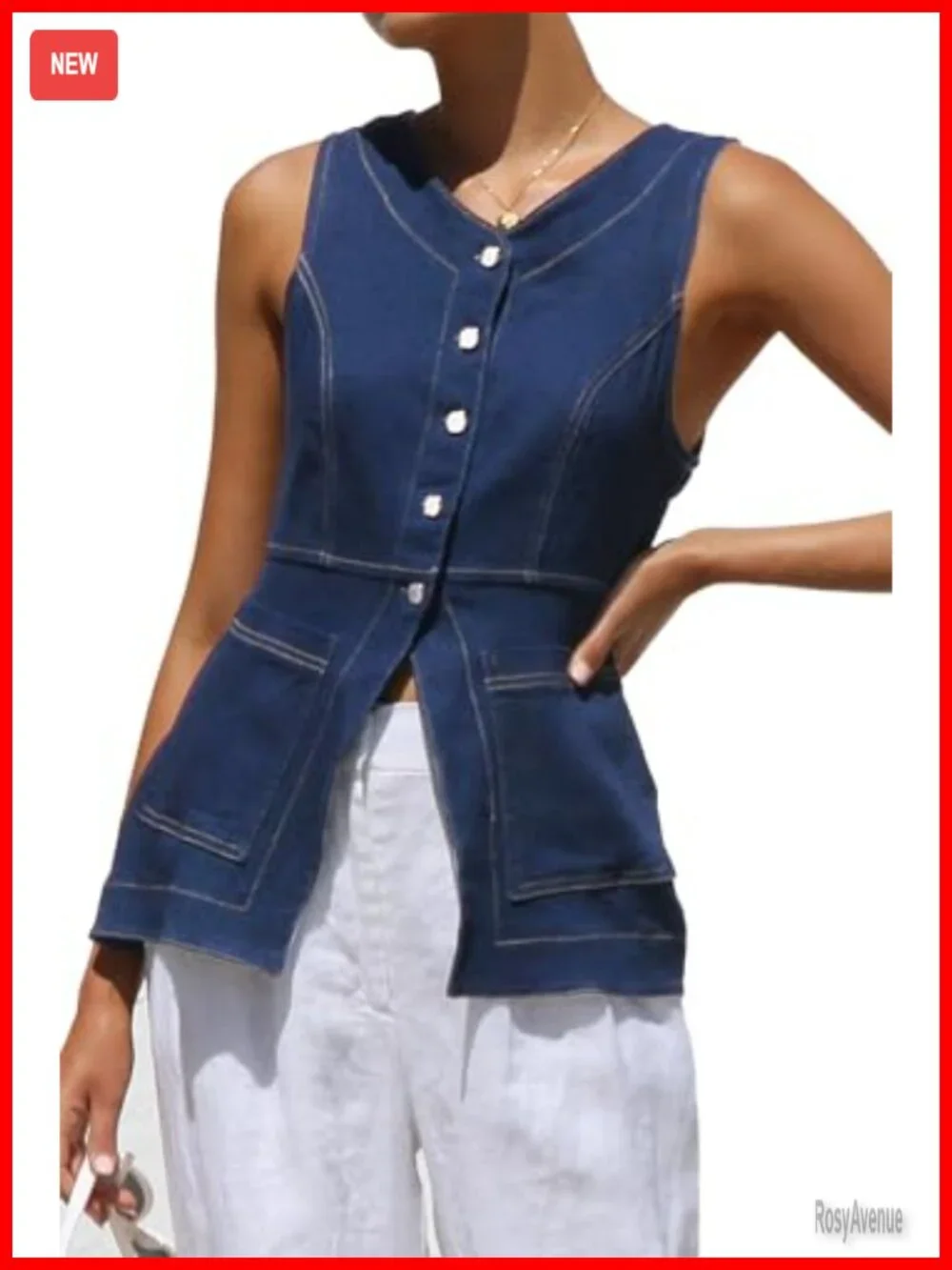 Sleeveless Denim Vest with Pockets Button Up Blazer Tank Top